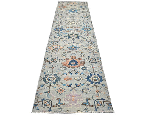 12 Ft Silver Gray Aryana Afghan Hand Knotted Veg Dye Wool Runner Rug
